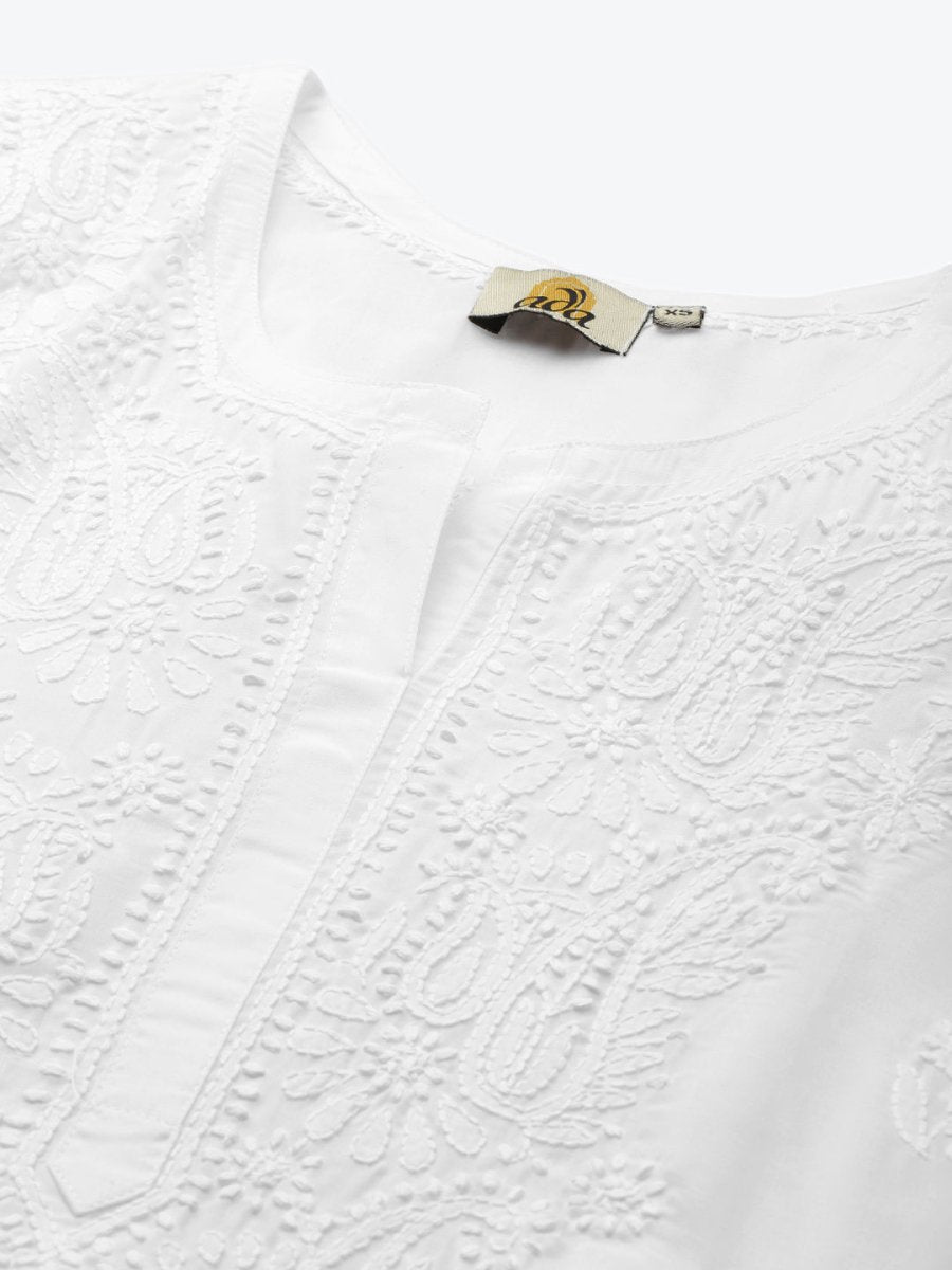 ADA Women White & Black Paisley Embroidered Chikankari Handloom Kurta with Trousers | Swadesiicart