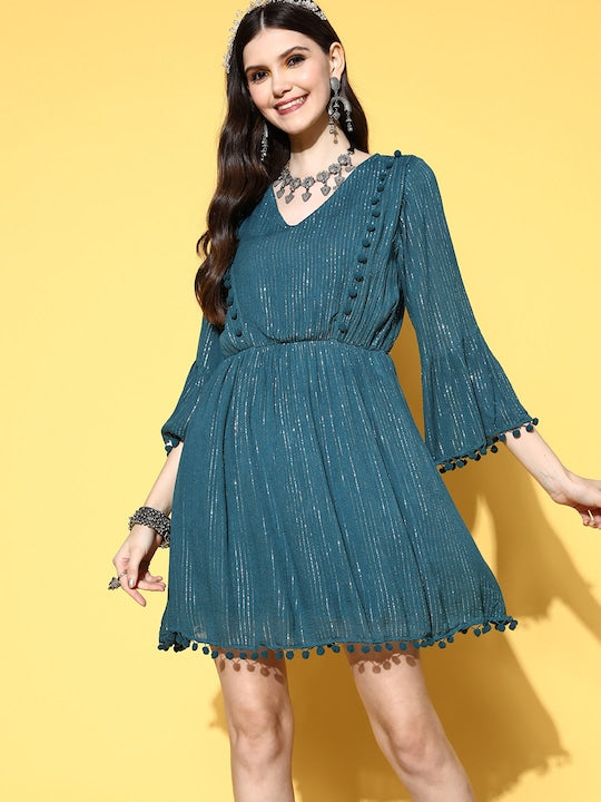 InWeave Teal Lurex Dress With Lace - Swadesiicart