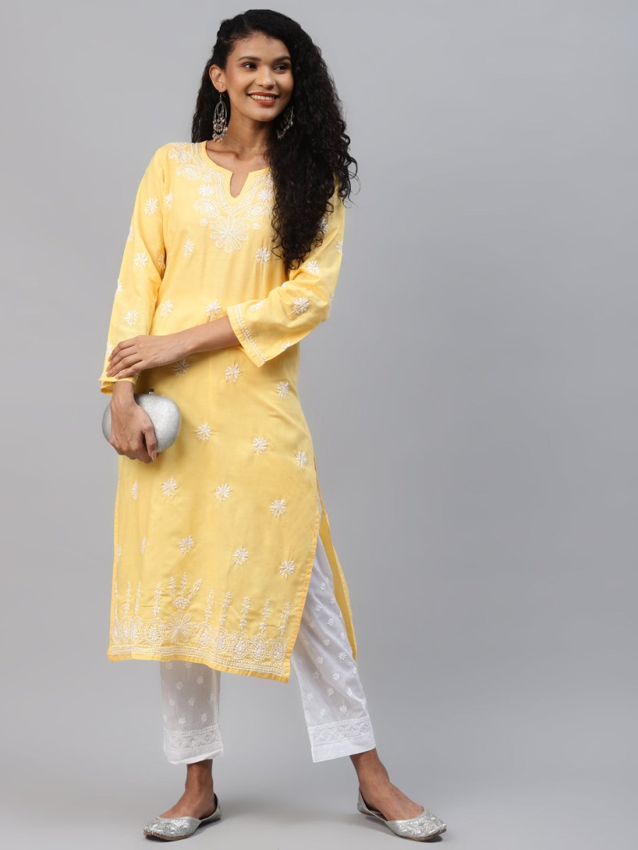 ADA Women Yellow Ethnic Motifs Embroidered Chikankari Handloom Kurta with Palazzos | Swadesiicart