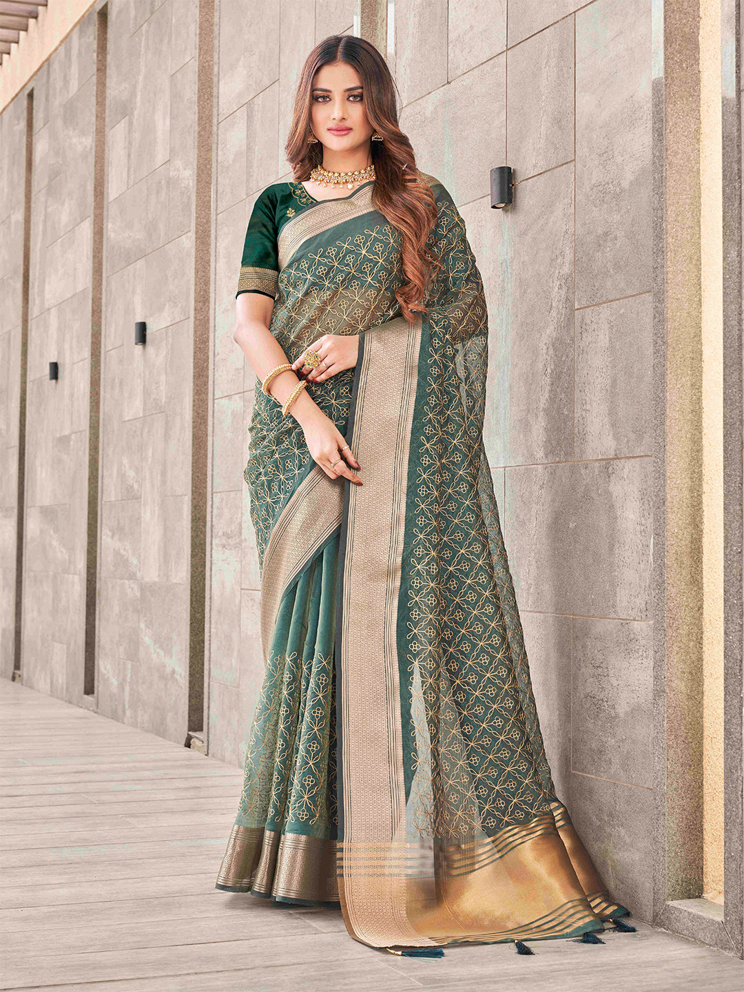 Tikhi Imli Olive Floral Embroidered Zari Organza Saree | Swadesiicart