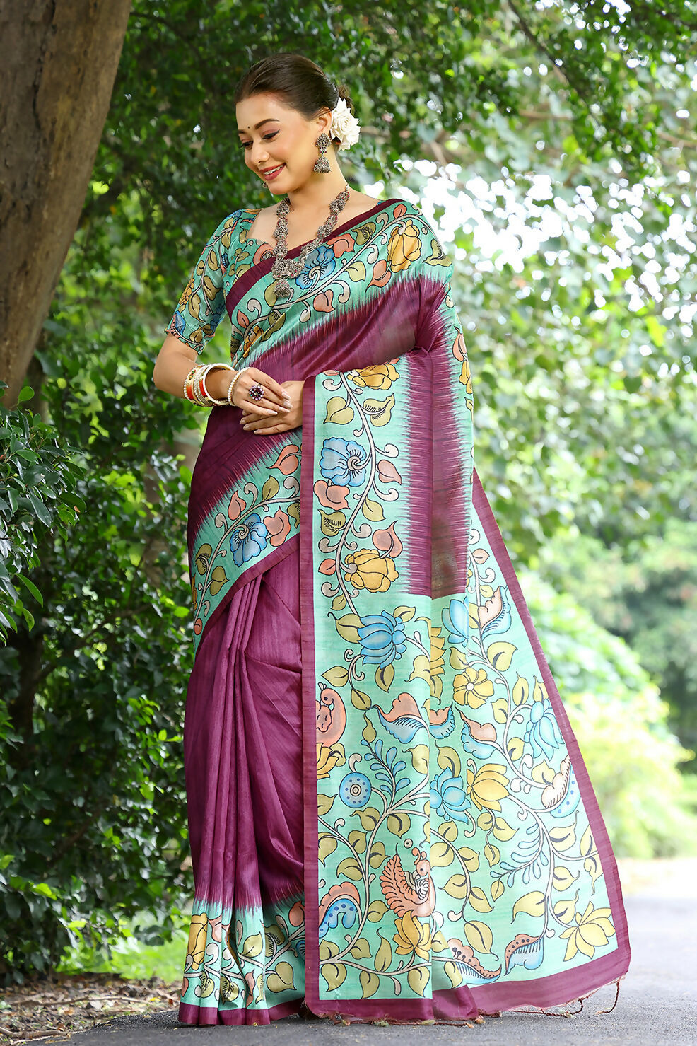 Vishnu Weaves Women's Wine Cotton Silk Woven Saree with Blouse - Swadesiicart
