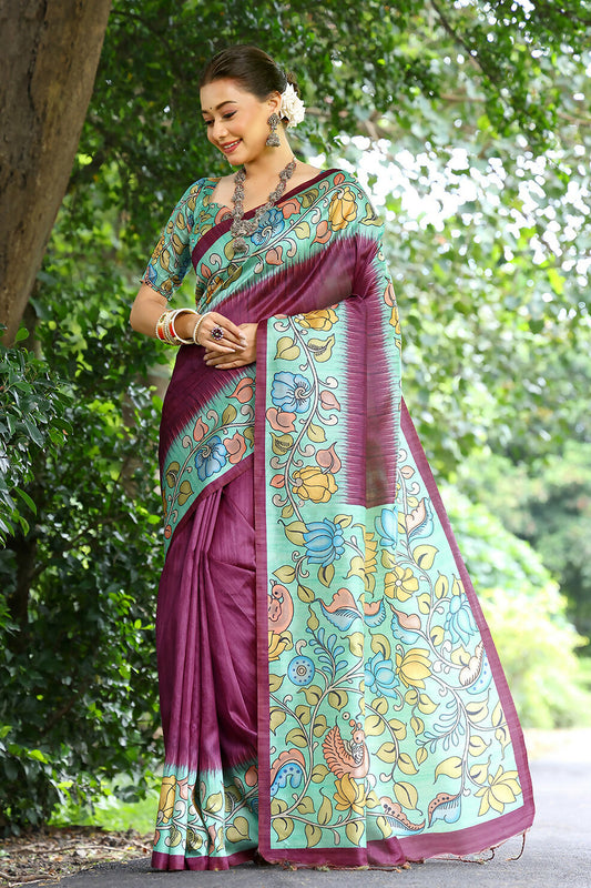 Vishnu Weaves Women's Wine Cotton Silk Woven Saree with Blouse - Swadesiicart