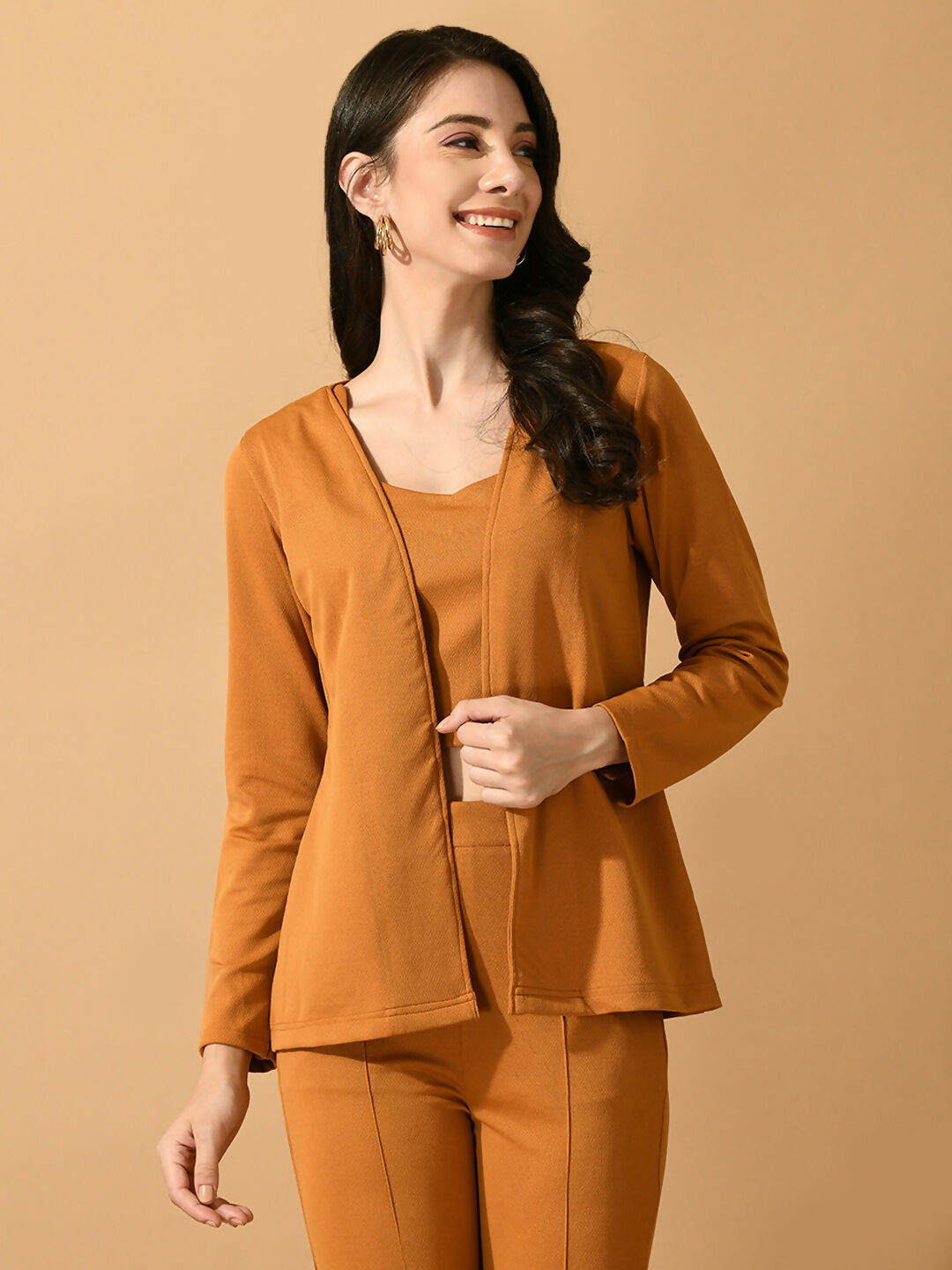 Myshka Women's Mustard Solid Coat With Trousers - Swadesiicart