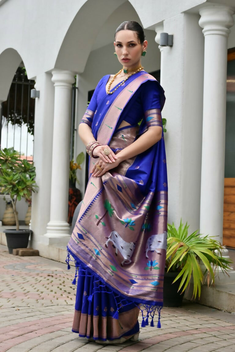 Vishnu Weaves Women's Royal Paithani Silk Zari Woven Saree with Blouse - Swadesiicart