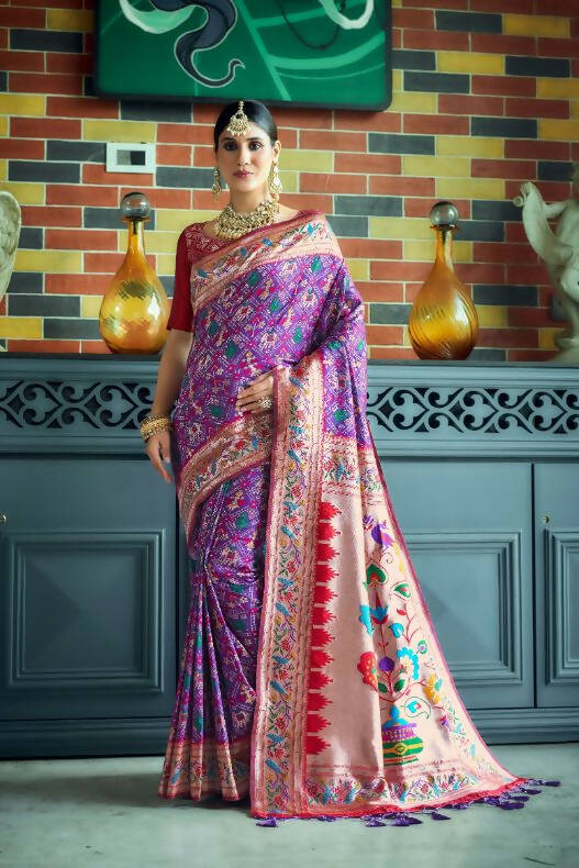 Vishnu Weaves Women's Wine Paithani Patola Silk Zari Woven Saree with Unstitched Blouse - Swadesiicart