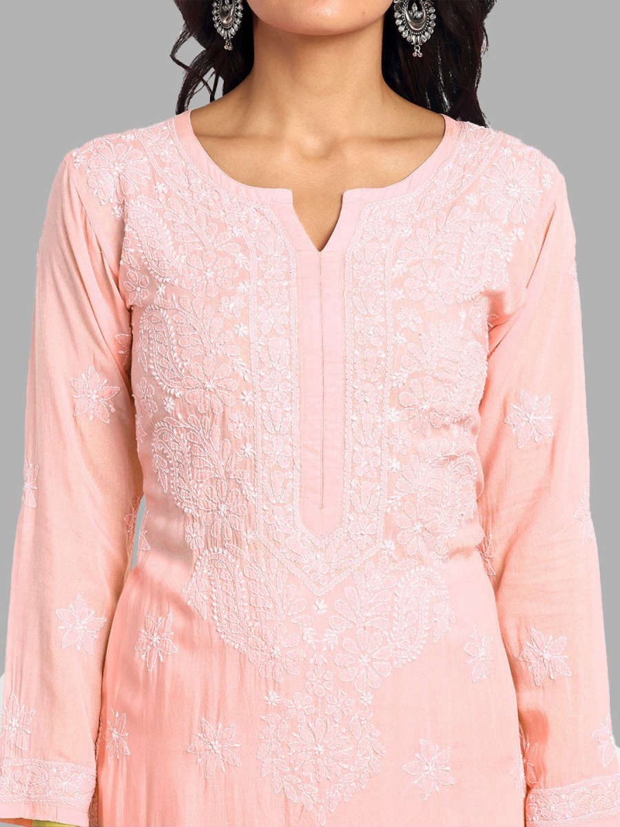 ADA Floral Embroidered Long Sleeves Regular Lucknowi Chikankari Kurta With Palazzos | Swadesiicart