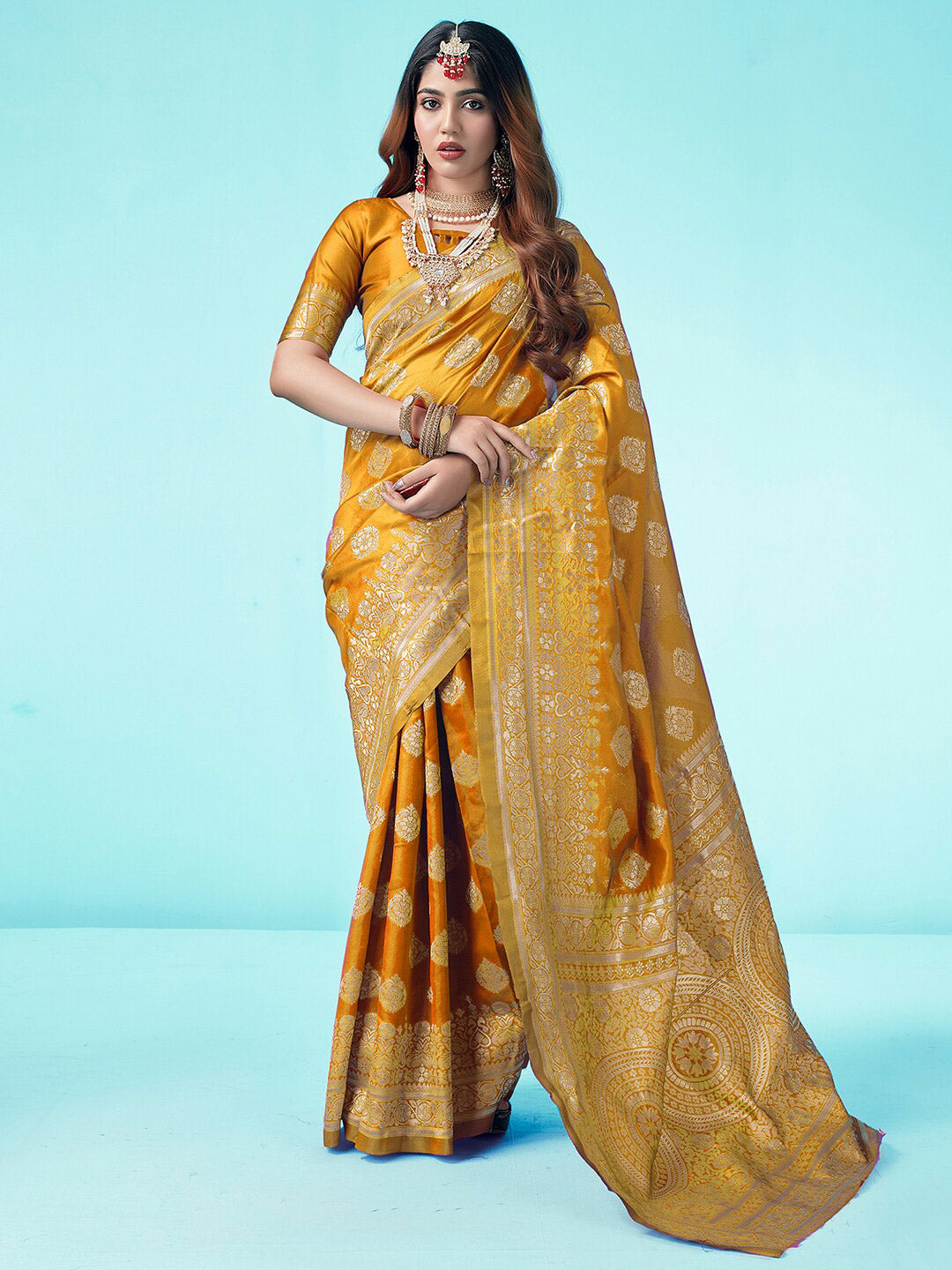 Kalini Yellow & Gold-Toned Woven Design Zari Banarasi Saree | Swadesiicart
