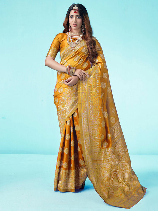 Kalini Yellow & Gold-Toned Woven Design Zari Banarasi Saree | Swadesiicart