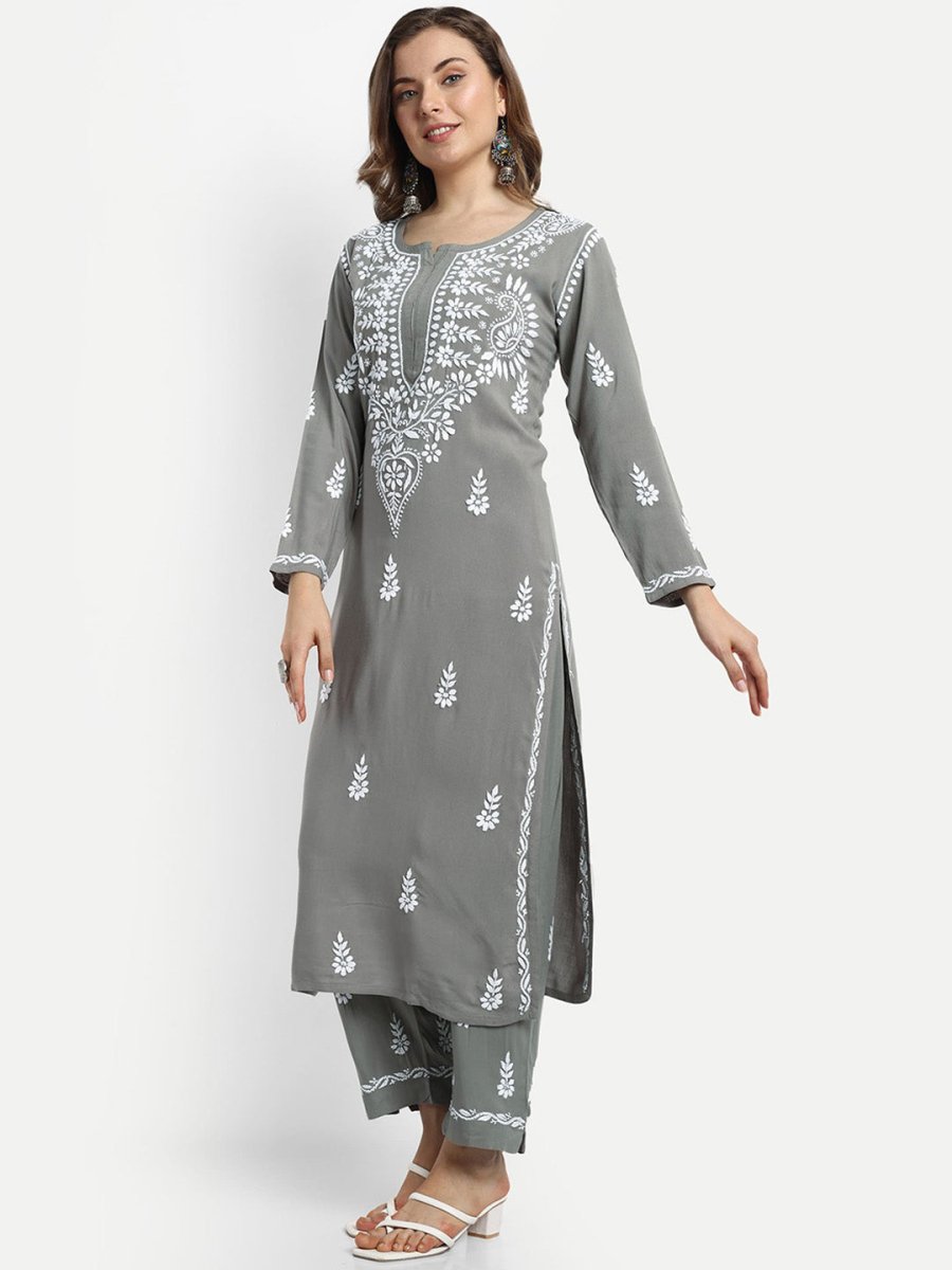 ADA Ethnic Motifs Embroidered Lucknowi Chikankari Kurta with Trousers | Swadesiicart