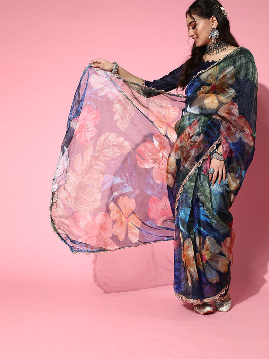Tikhi Imli Navy Blue Saree with Zari border | Swadesiicart