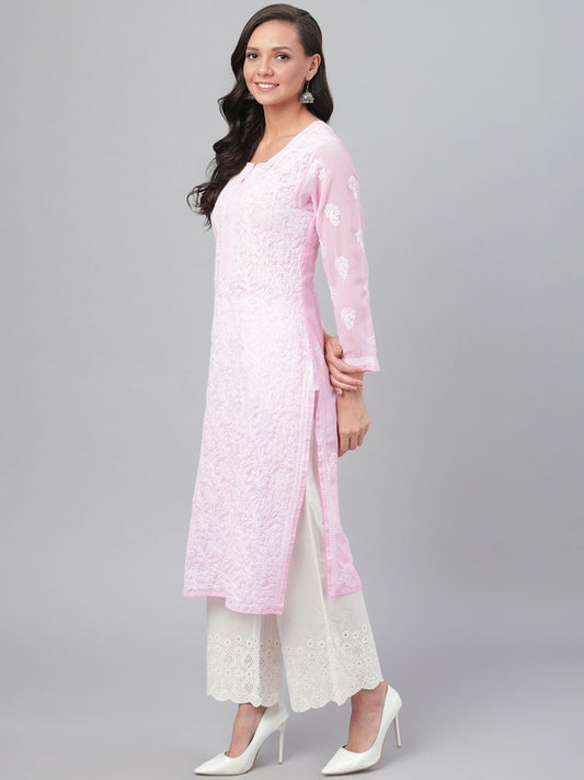 ADA Women Pink & White Chikankari Hand Embroidered Straight Sustainable Handloom Kurta | Swadesiicart