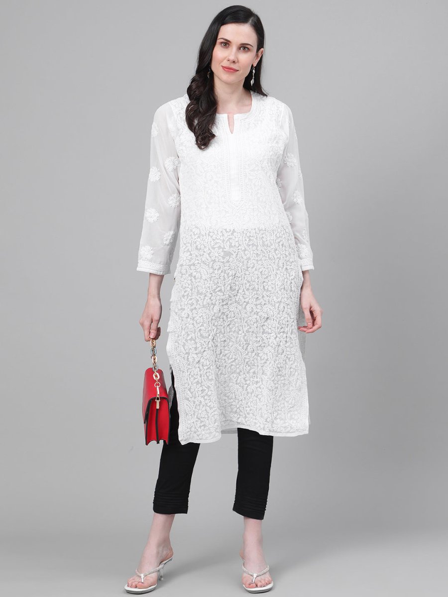 ADA Women White & Black Chikankari Embroidered Sustainable Handloom Kurta with Trousers | Swadesiicart