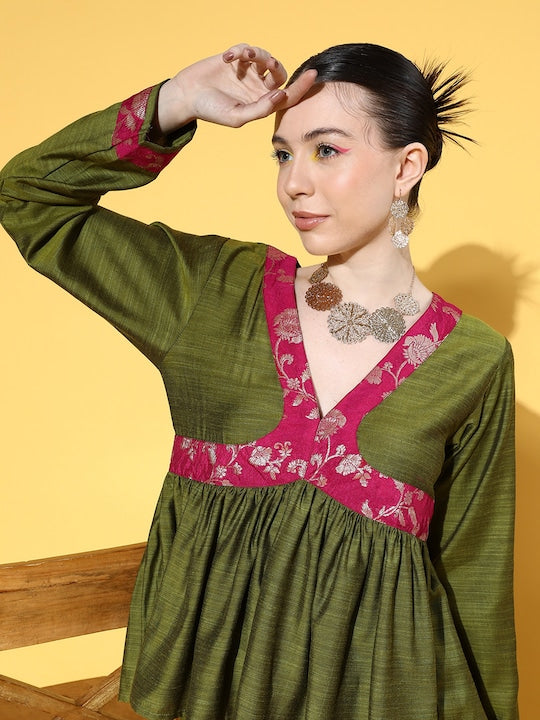 InWeave Women's Olive Pink Brocade Mughal Shaan Kurta Palazzo Set - Swadesiicart