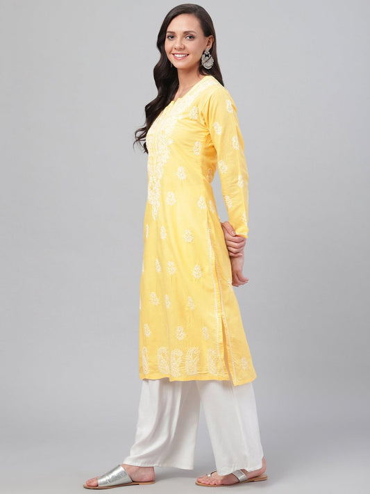 ADA Women Yellow & White Chikankari Hand-Embroidered Straight Kurta | Swadesiicart