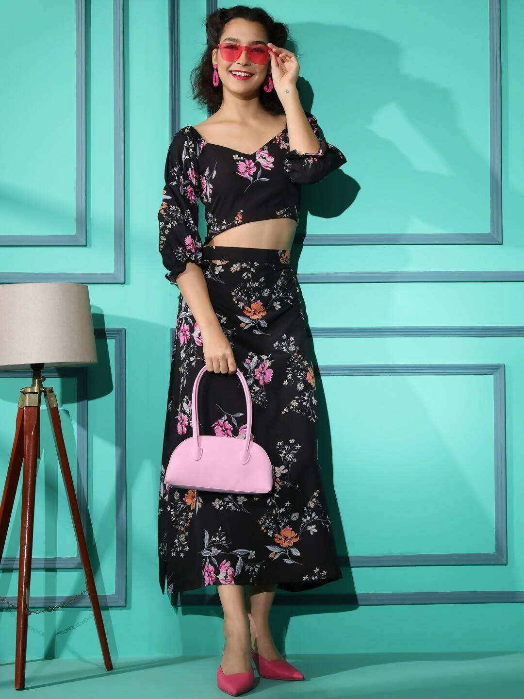 Black Crepe Floral Printed Top with Matching Skirt - Shivani