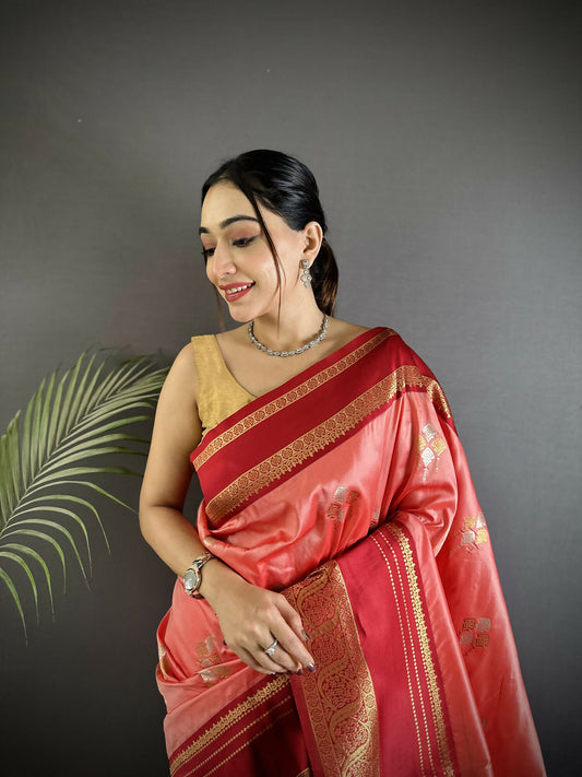 Joban Fashion Salmon Pink Banarasi Soft Silk Woven Saree | Swadesiicart