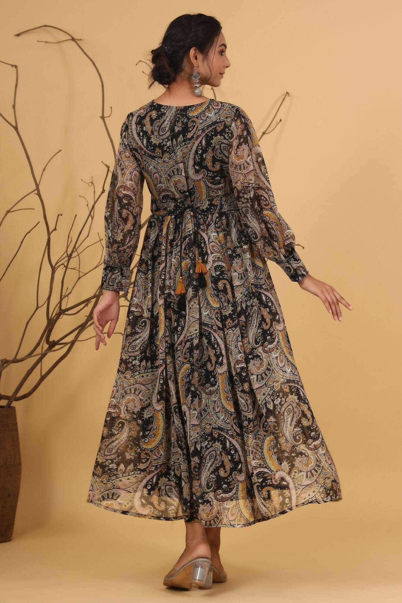 Juniper Women Black Chiffon Printed Flared Dress | Swadesiicart