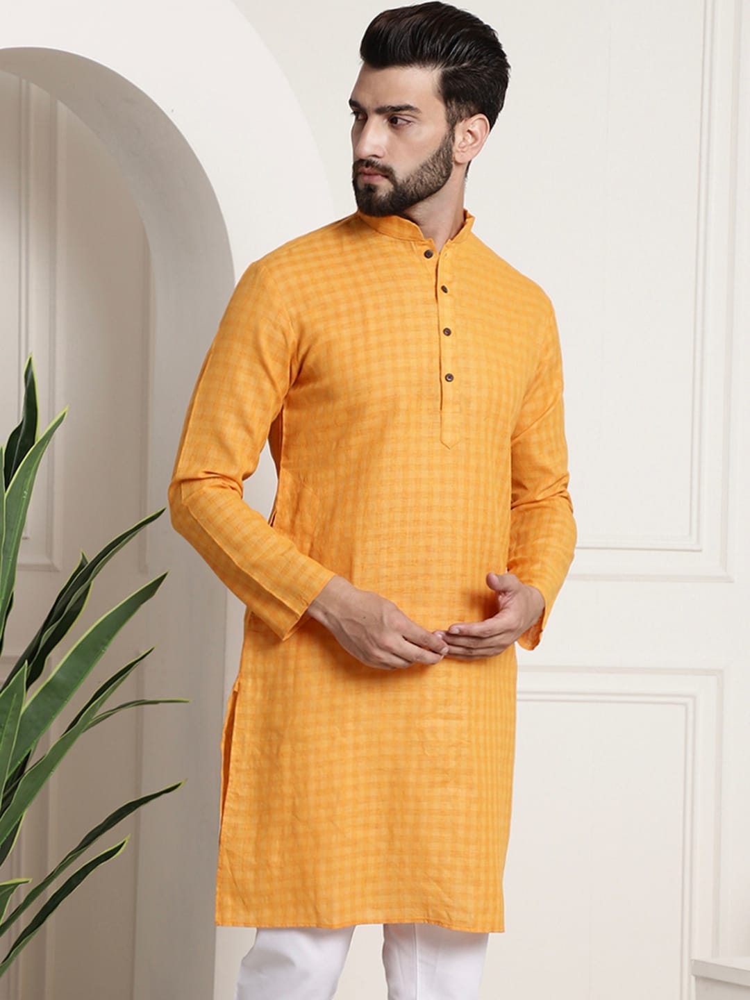 Sojanya Men Mustard Yellow Dobby Self-Checked Straight Kurta | Swadesiicart