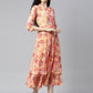 Souchii Peach-Coloured Floral Layered Chiffon Beautiful A-Line Midi Dress - Swadesiicart