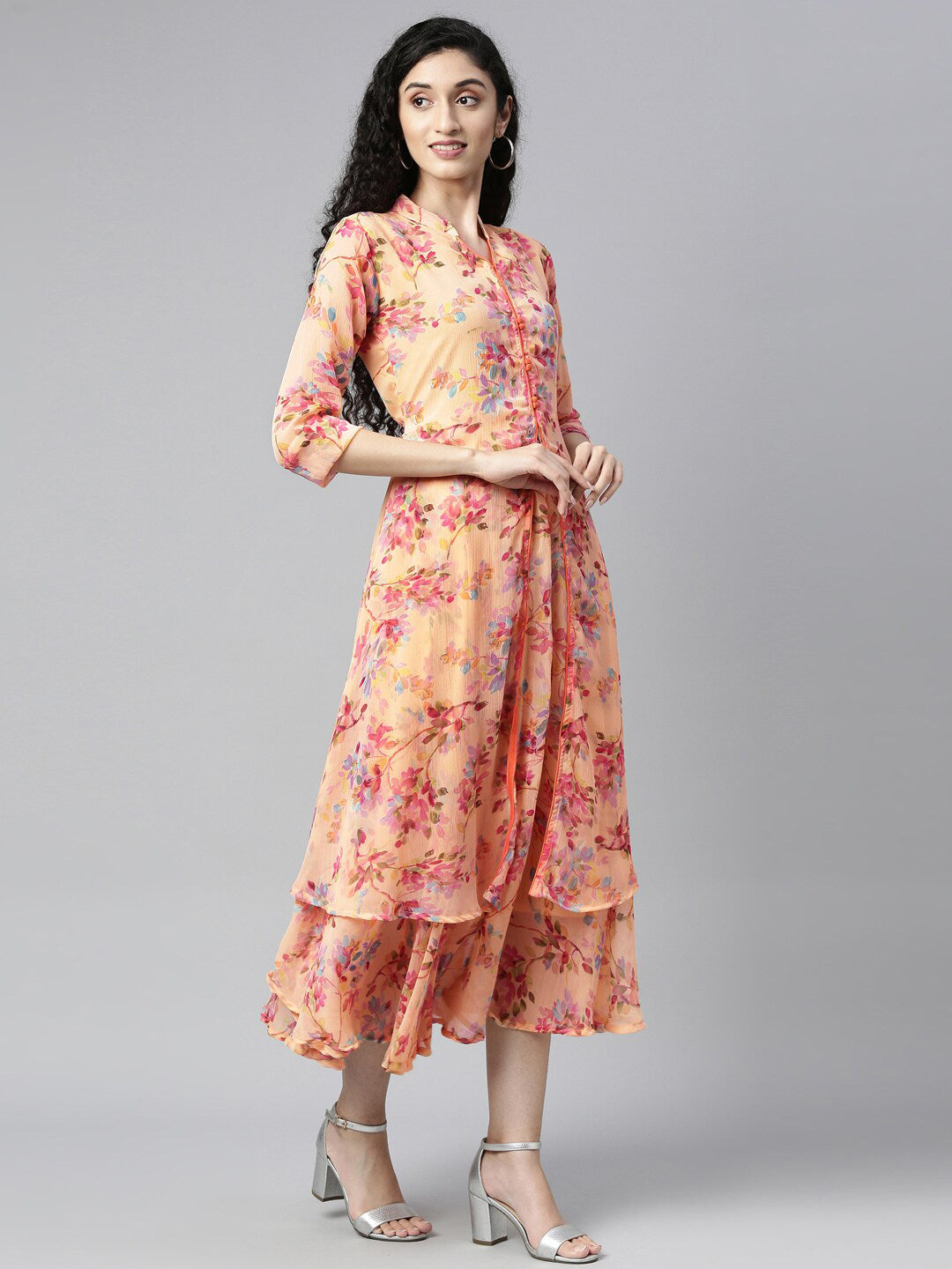 Souchii Peach-Coloured Floral Layered Chiffon Beautiful A-Line Midi Dress - Swadesiicart