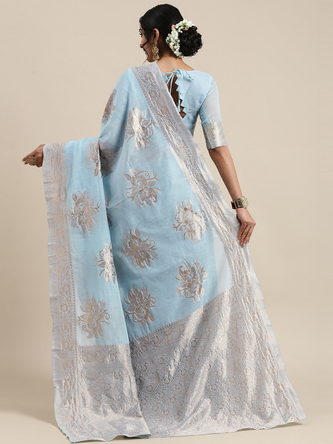 Saree Mall Turquoise Blue Floral Linen Blend Banarasi Saree | Swadesiicart