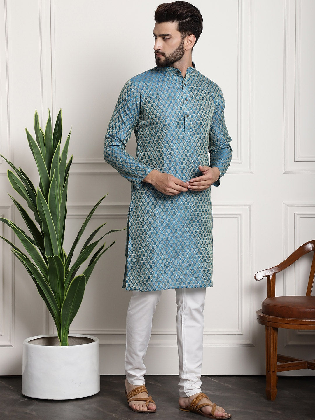 Sojanya Men Blue & Off-White Woven Design Kurta with Churidar | Swadesiicart