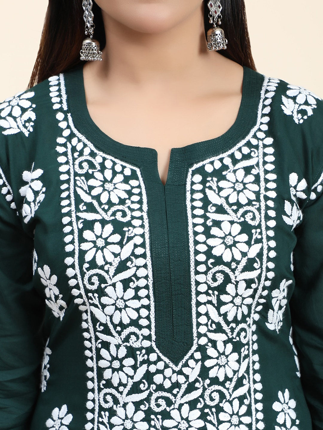 HOUSE OF KARI Women Green Floral Embroidered Chikankari Kurta with Palazzos | Swadesiicart