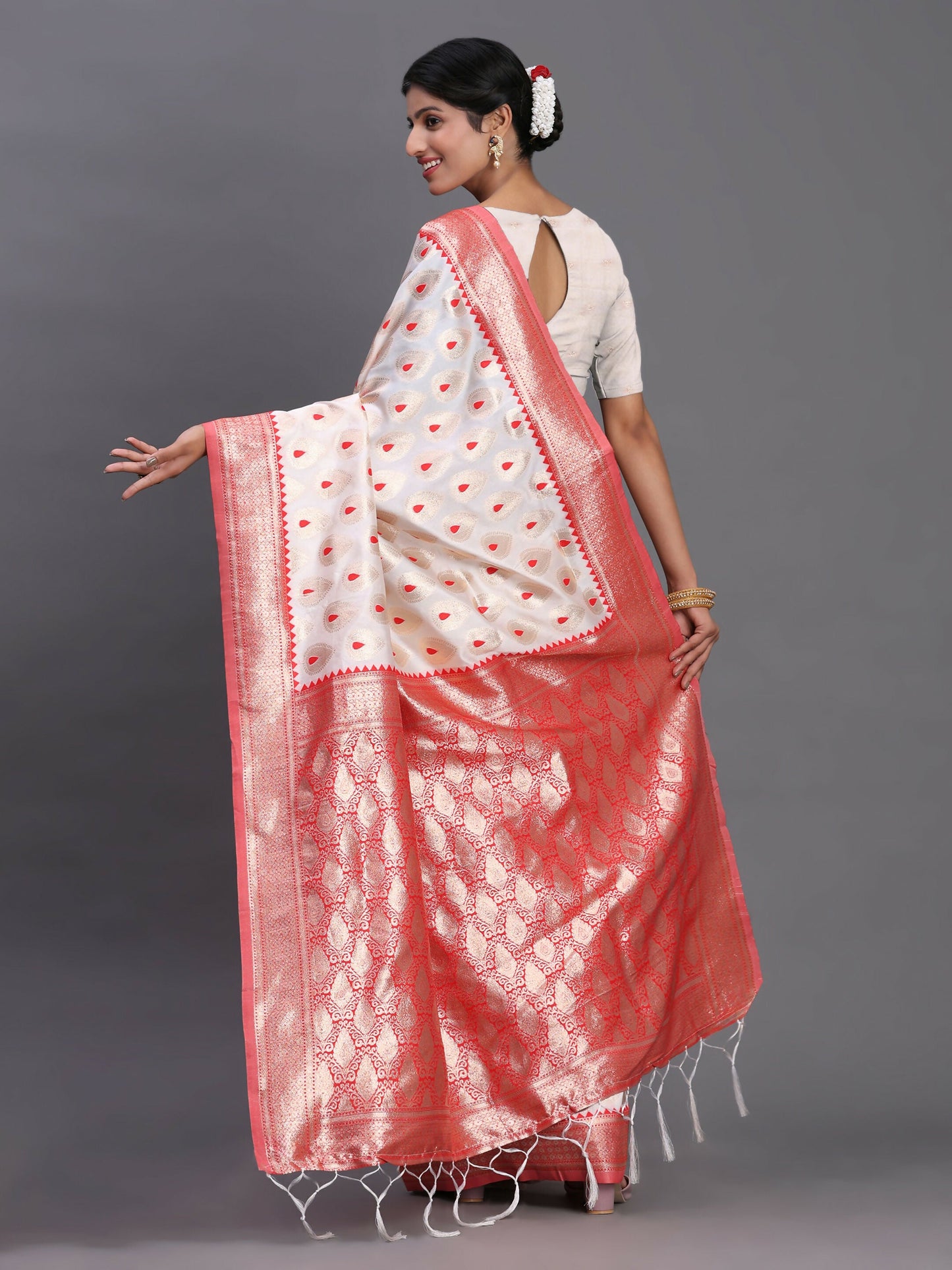 Astita Banarasi Silk Red & White Saree | Swadesiicart