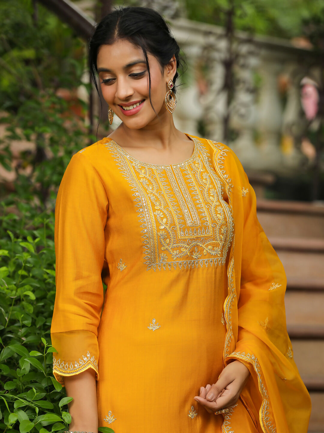 Janasya Mustard Silk Blend Embroidered Kurta,Bottom & Dupatta | Swadesiicart