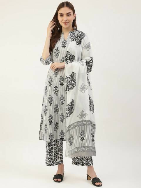 FIORRA Women's White Cotton Straight Kurta Pant With Dupatta - Swadesiicart