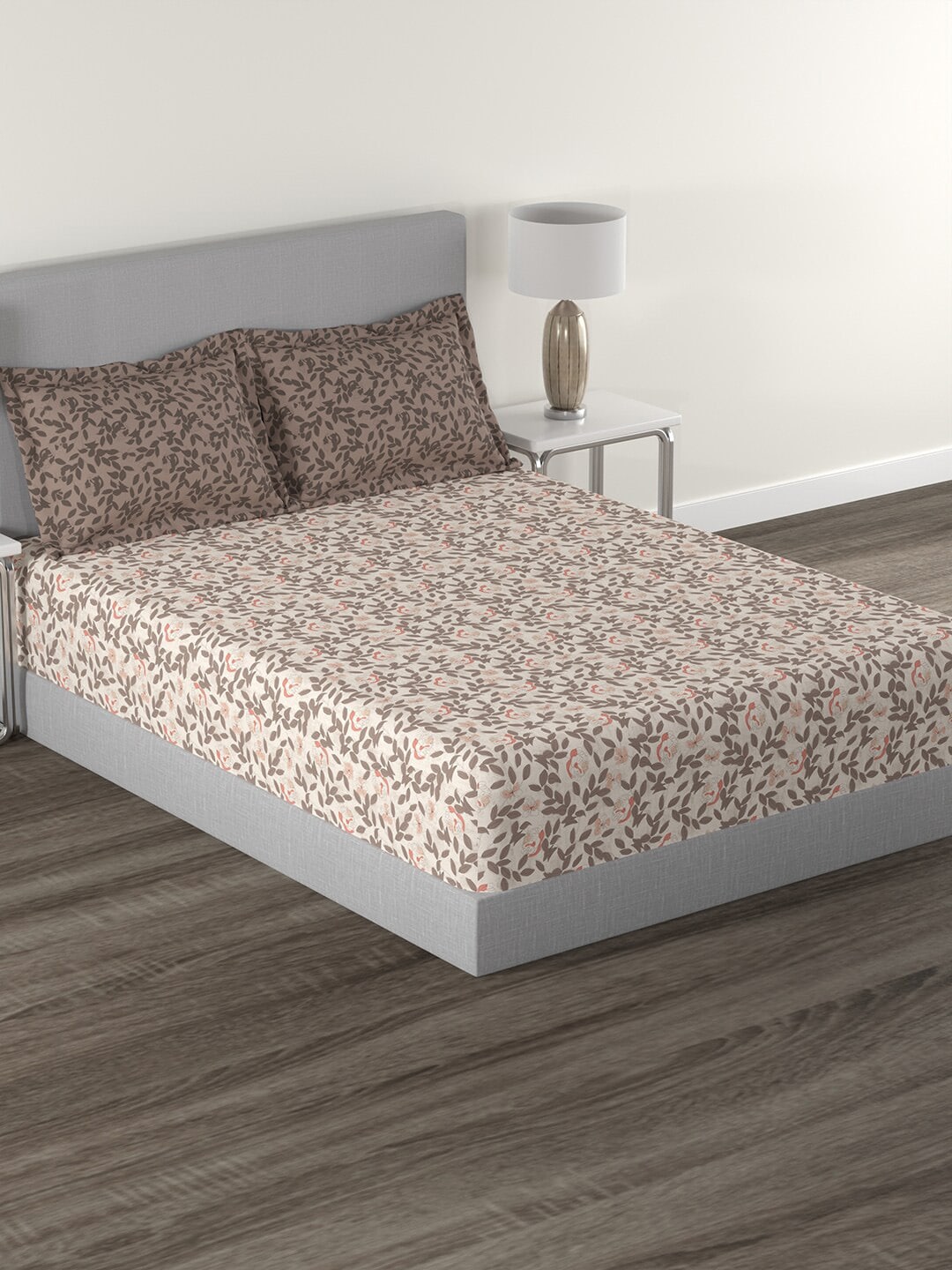 MYTRIDENT Brown White Floral Cotton 144 TC Queen Bedsheet With 2 Pillow Covers - Swadesiicart