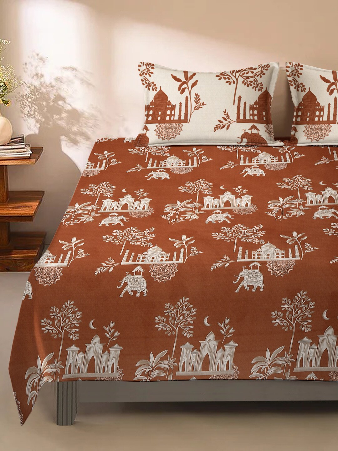 Rajasthan Decor Rust & Cream Printed Cotton 160 TC King Bedsheet with 2 Pillow Covers - Swadesiicart