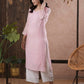 ADA Women Pink Chikankari Hand Embroidered Straight Kota Handloom Kurta With Matching Slip | Swadesiicart
