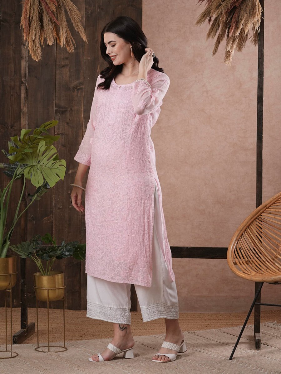 ADA Women Pink Chikankari Hand Embroidered Straight Kota Handloom Kurta With Matching Slip | Swadesiicart