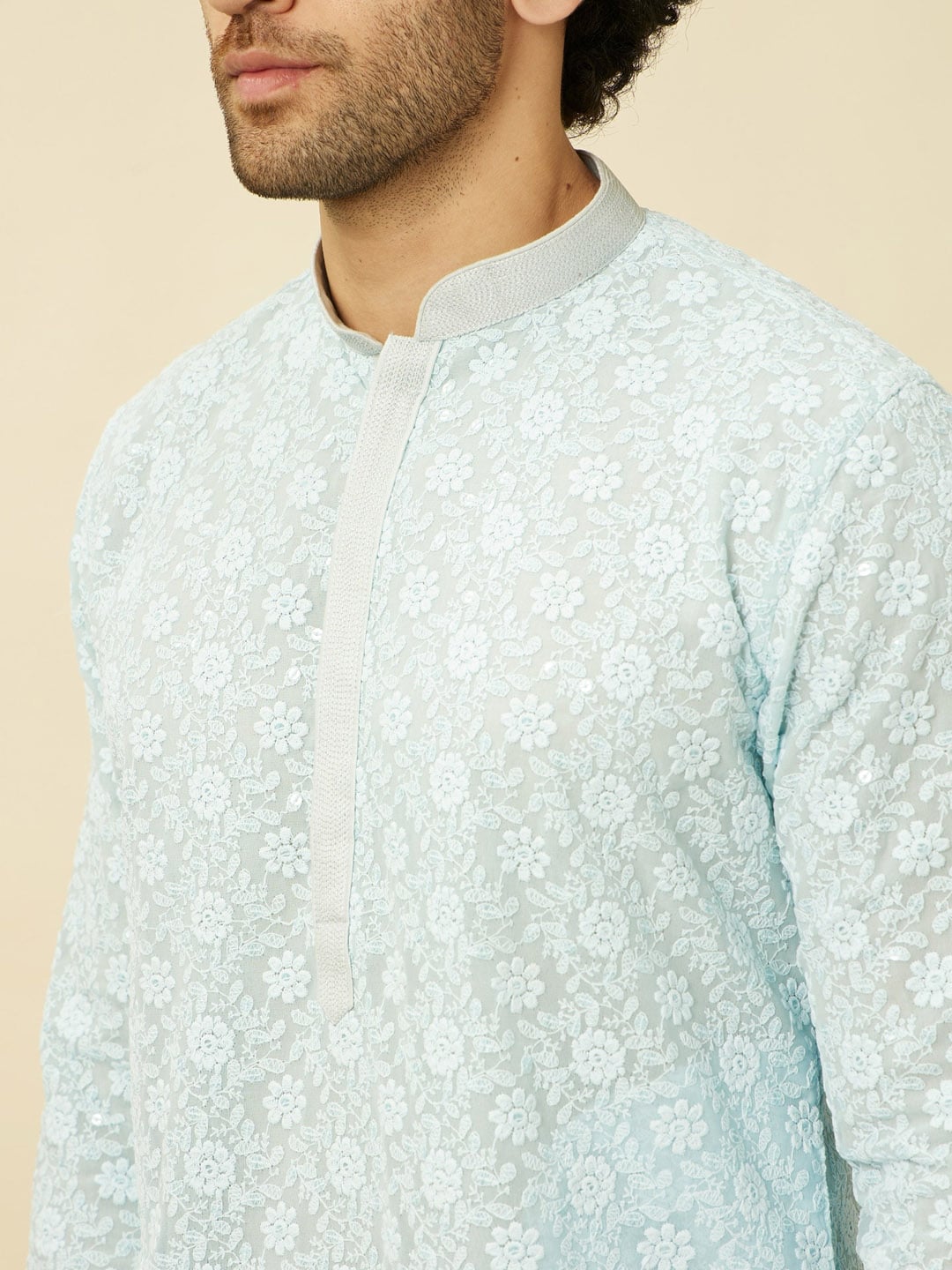 Manyavar Floral Chikankari Embroidered Regular Thread Work Kurta With Pyjamas | Swadesiicart
