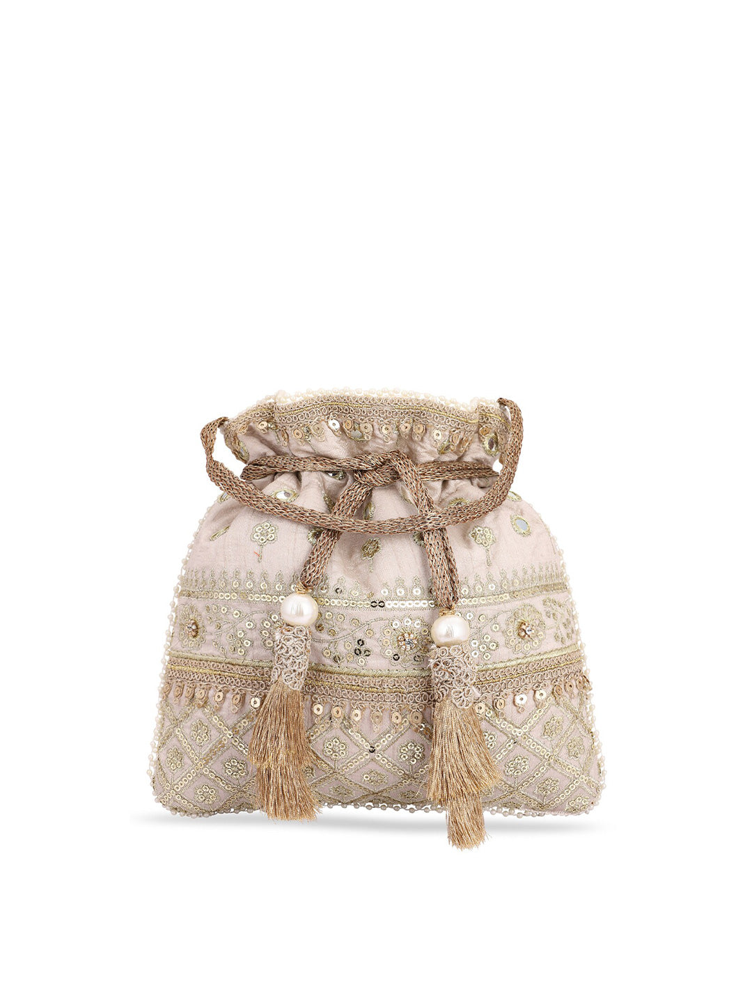 Masq Women Beige & Gold-Toned Embellished Potli - Swadesiicart