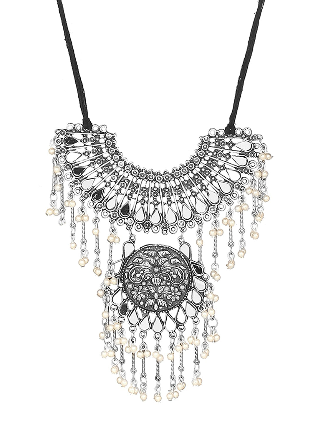 Cardinal Silver-Toned Mirror Studded & Beaded Oxidised Choker Jewellery Set | Swadesiicart