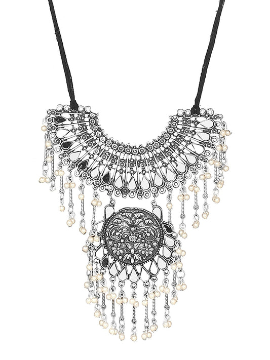 Cardinal Silver-Toned Mirror Studded & Beaded Oxidised Choker Jewellery Set | Swadesiicart