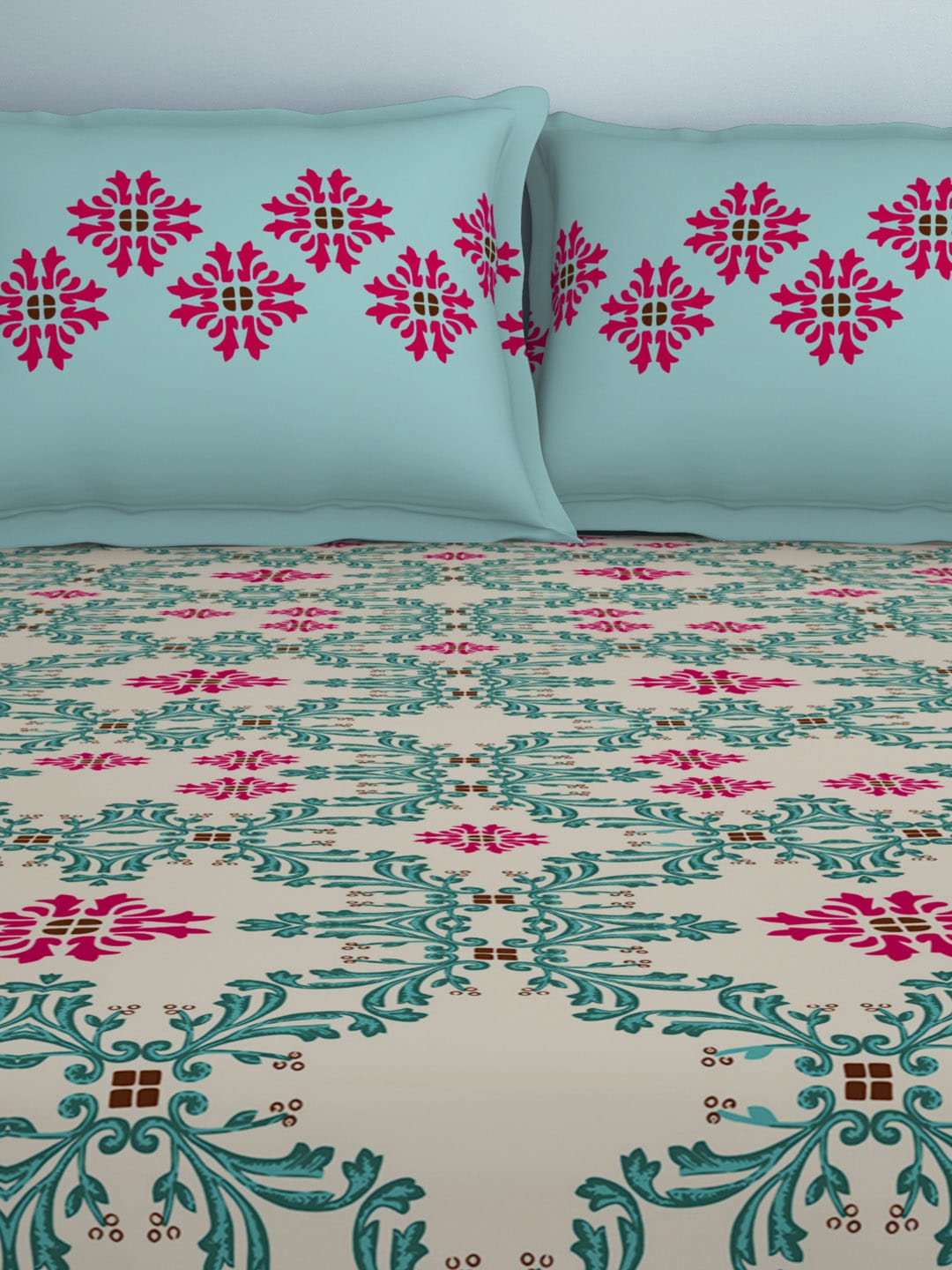 SPACES Aurum Blue Ethnic Motifs Pure Cotton 140 TC Queen Bedsheet With 2 Pillow Covers - Swadesiicart