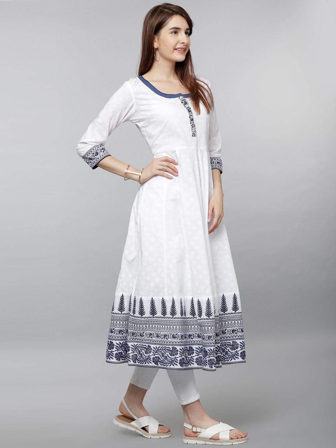 Vishudh Women White & Navy Blue Printed Anarkali Kurta - Swadesiicart