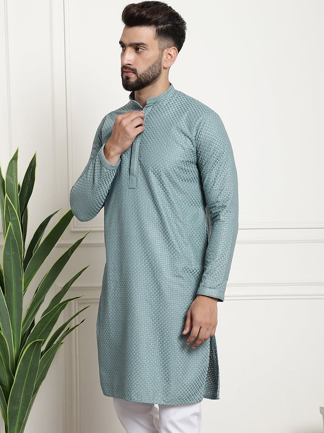 Sojanya Woven Design Mandarin Collar Straight Cotton Kurta | Swadesiicart