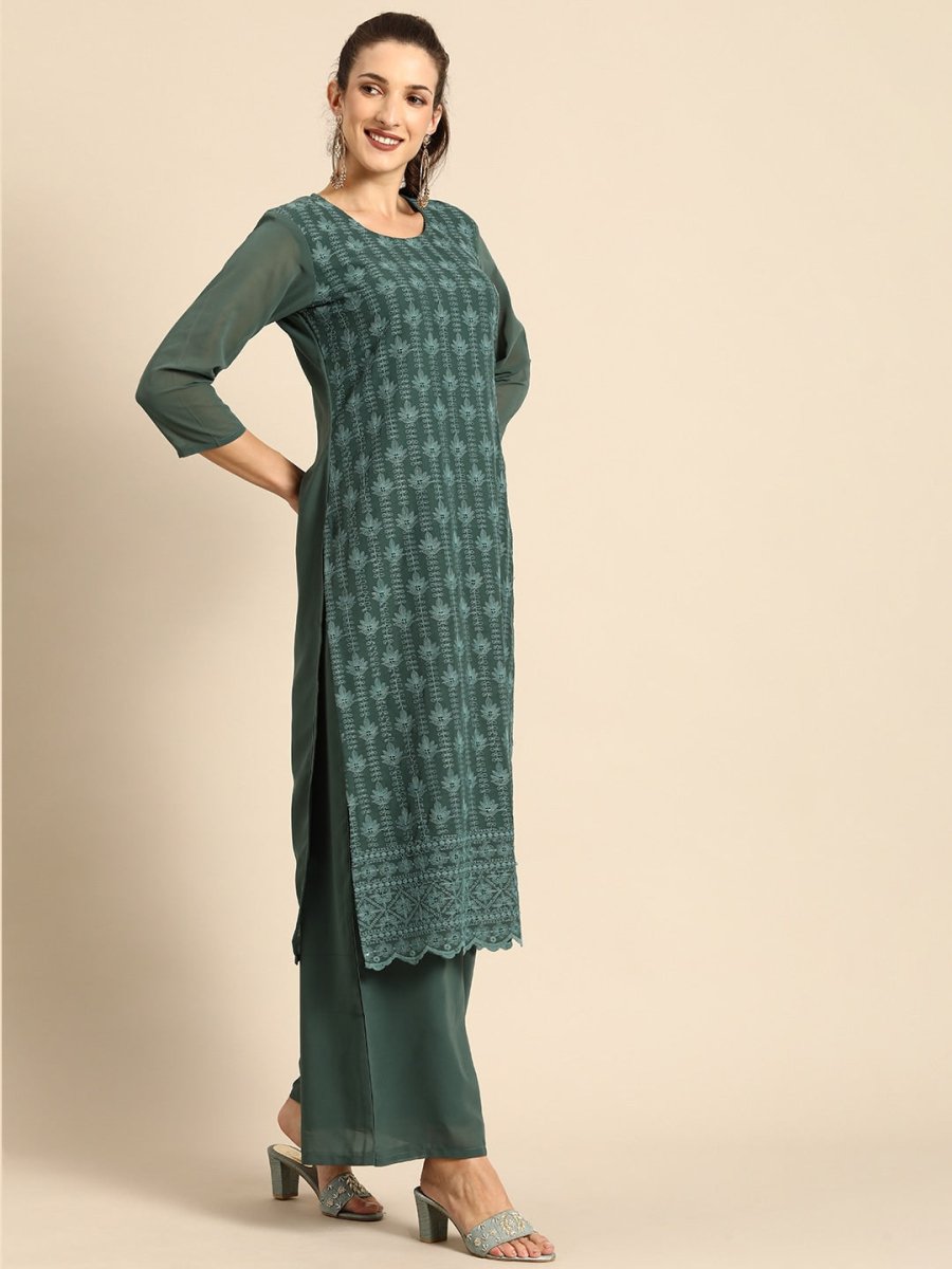 All About You Women Green Ethnic Motifs Embroidered Regular Chikankari Kurta with Palazzos | Swadesiicart