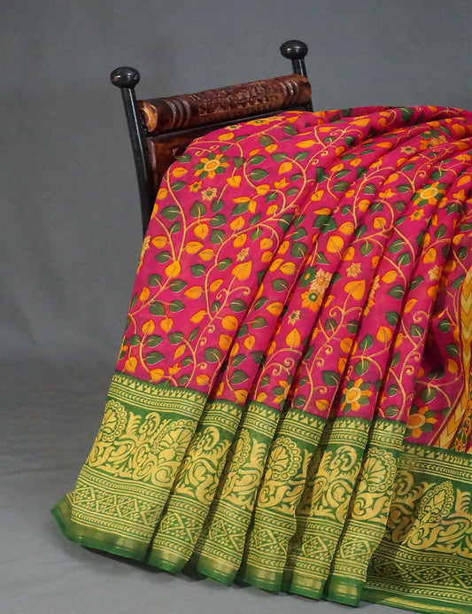 Vibrant Shades Of Pink Kalamkaari Design Semi Chanderi Saree With Contrast Blouse By Gayathri Reddy Designer Studio | Swadesiicart