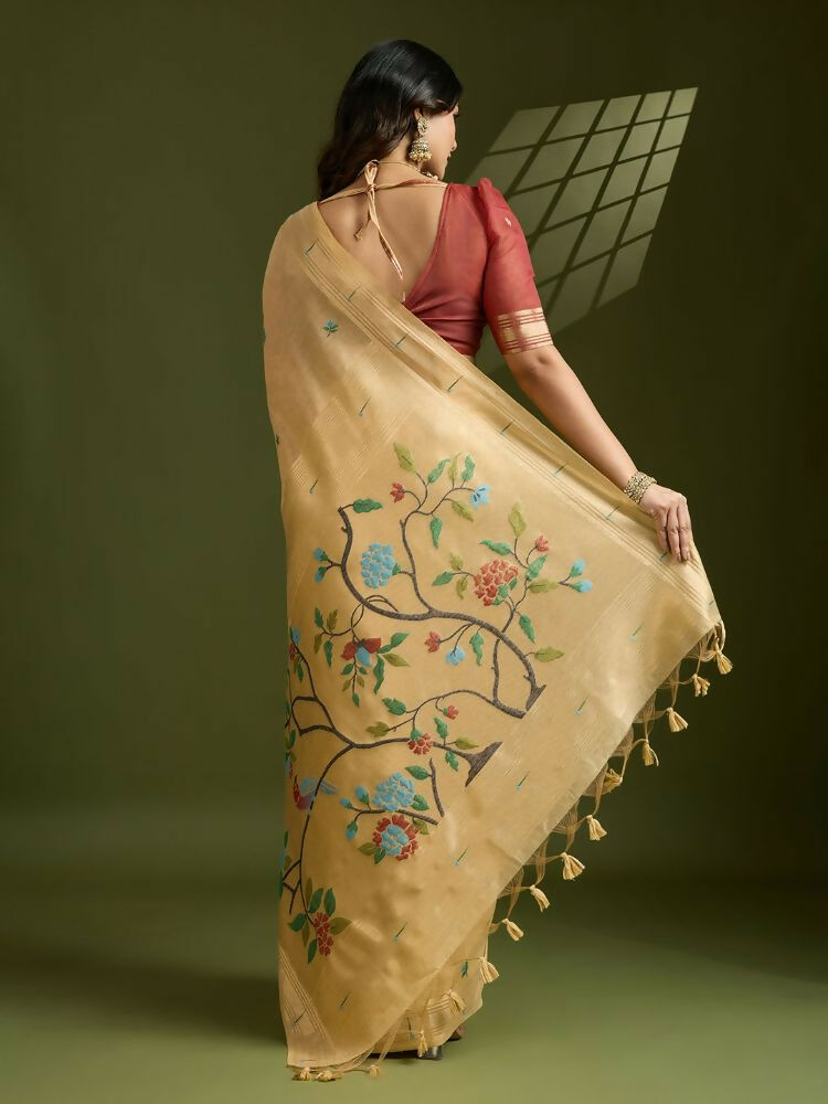 Vishnu Weaves Women's Yellow Muga Cotton Thread Woven Butti with Blouse - Swadesiicart