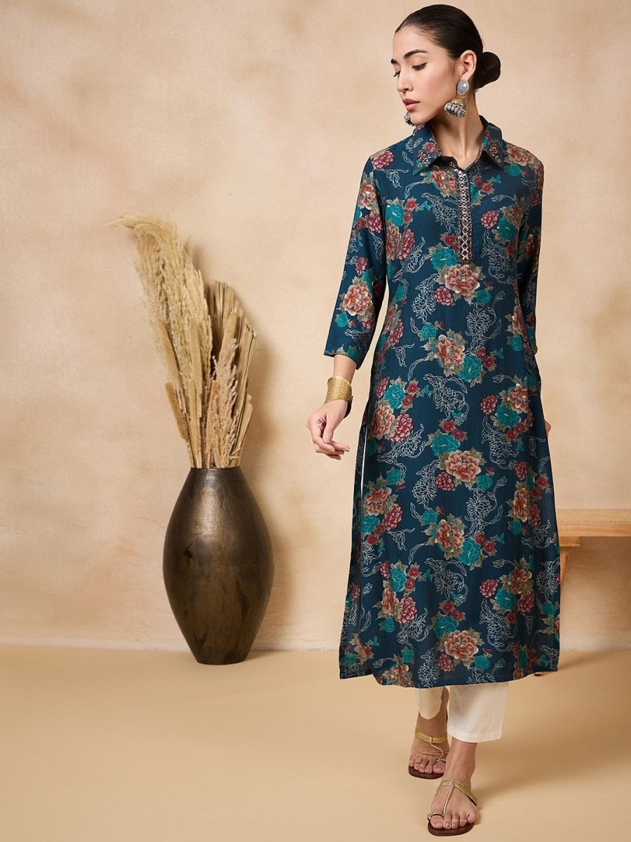 Anouk Floral Printed Mirror Work Straight Kurta - Swadesiicart