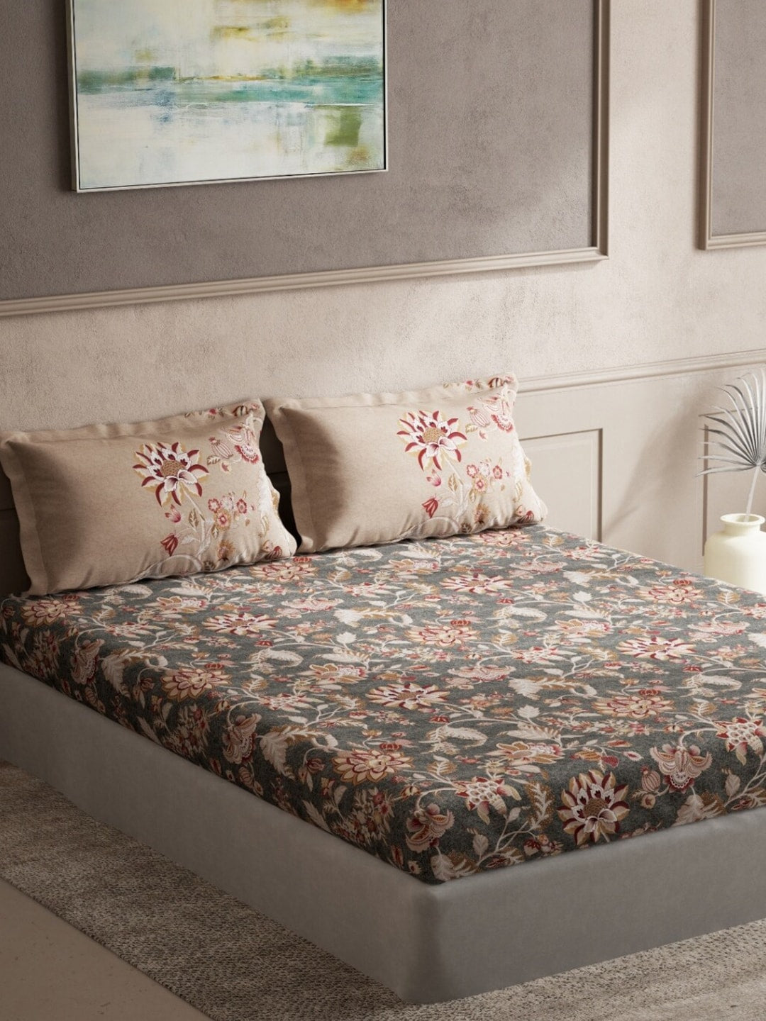 DDecor Grey & Maroon Ethnic Motifs 140 TC Cotton Queen Bedsheet with 2 Pillow Covers - Swadesiicart