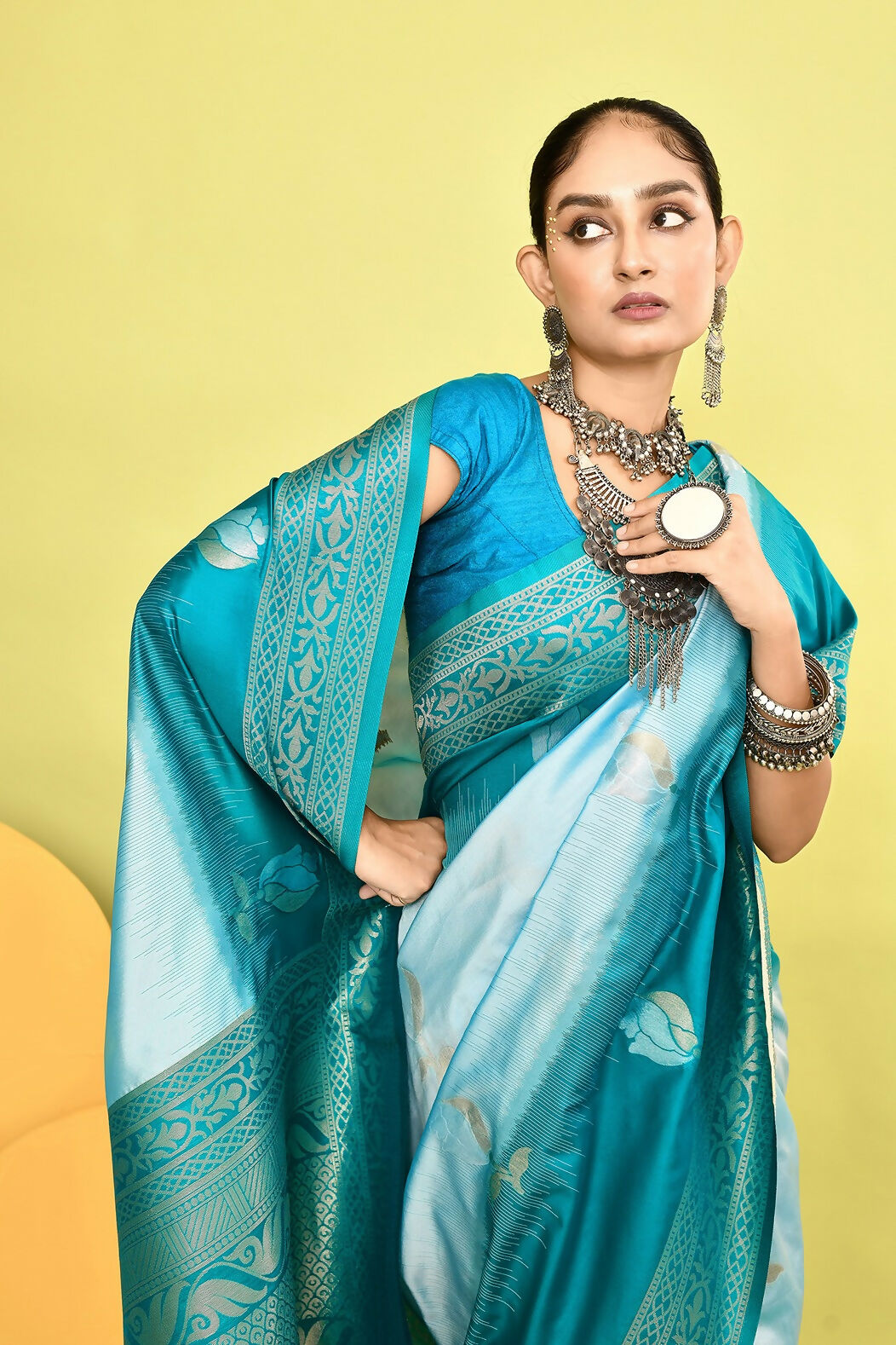 Joban Fashion Sky Blue & Rama Plain With Weaving Border Banarasi Silk Sarees | Swadesiicart