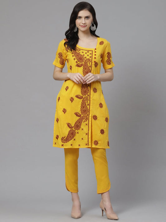 ADA Women Yellow & Maroon Paisley Chikankari Embroidered Sustainable Handloom Kurta with Trousers | Swadesiicart