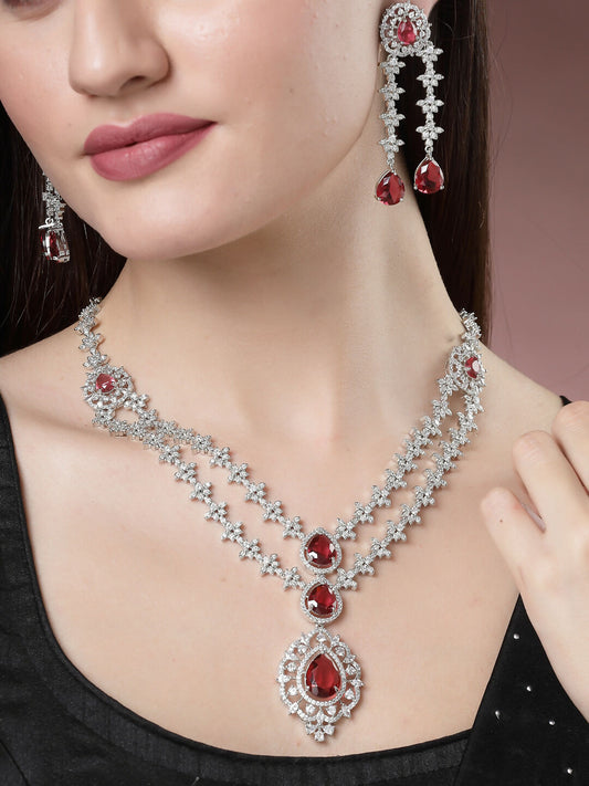 NVR Women's Silver-Plated Red CZ-Studded Handcrafted Jewellery Set - NR Retail-NVR