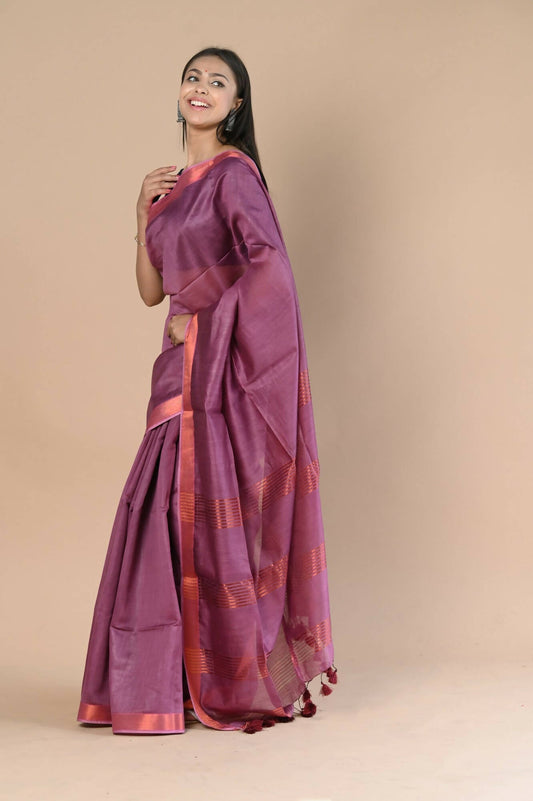 Very Much Indian Handloom Cotton Silk Maheshwari Saree With Sleek Golden Border - Maroon | Swadesiicart
